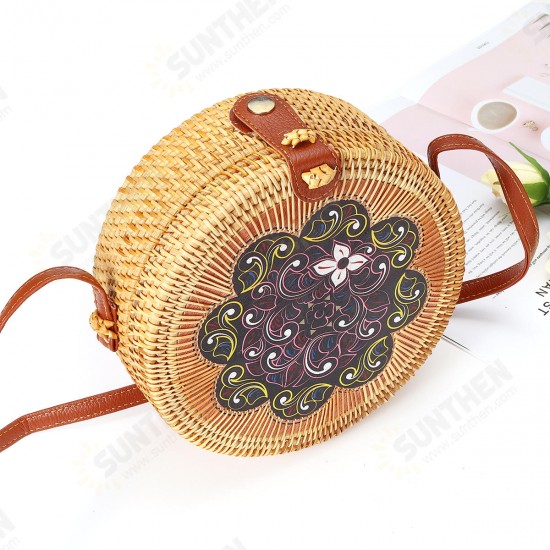 Women Straw Bag Handwoven Round Rattan Beach Handbag Crossbody Bag Tote Outdoor Travel