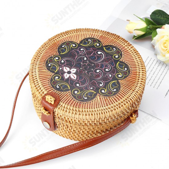 Women Straw Bag Handwoven Round Rattan Beach Handbag Crossbody Bag Tote Outdoor Travel