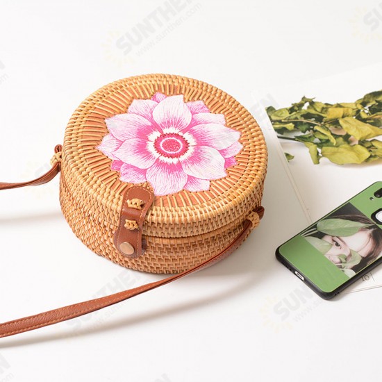 Women Straw Bag Handwoven Round Rattan Beach Handbag Crossbody Bag Tote Outdoor Travel