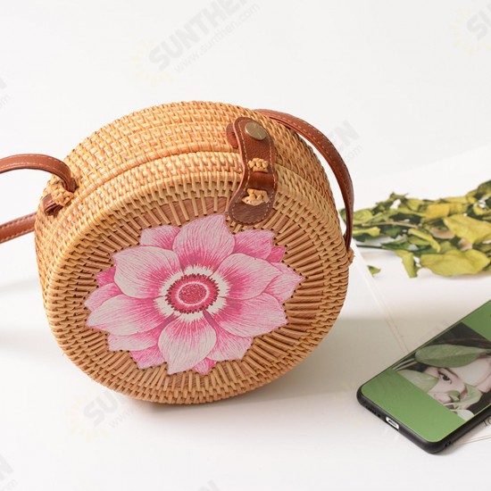 Women Straw Bag Handwoven Round Rattan Beach Handbag Crossbody Bag Tote Outdoor Travel