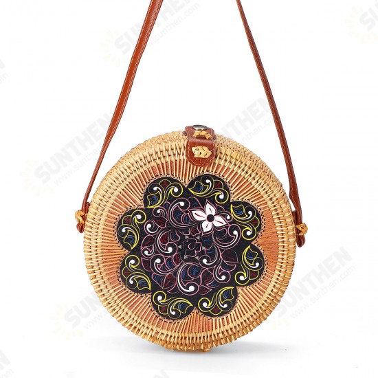 Women Straw Bag Handwoven Round Rattan Beach Handbag Crossbody Bag Tote Outdoor Travel