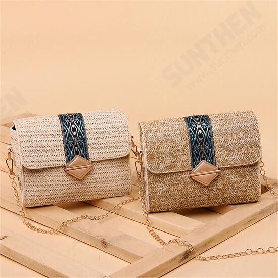 Women Summer Beach Straw Bag Bohemian Crossbody Messenger Shoulder Chain Bag