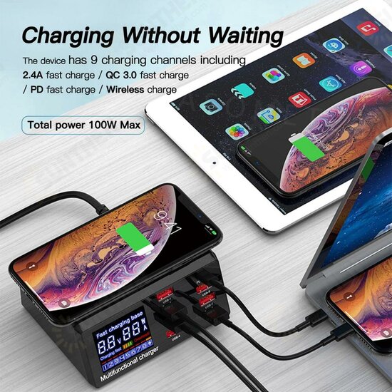 100W 8-Port USB PD Charger PD3.0 QC3.0 Desktop Charging Station Smart Charger 10W Wireless Charger Charging Pad For iPhone 11 SE 2020 Huawei