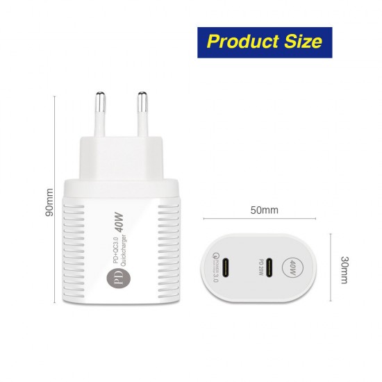 40W 2Port USB PD Charger Dual 20W USB-C PD3.0 Fast Charging Wall Charger Adapter EU Plug For iPhone Xiaomi12 Redmi K30Pro Samsung Galaxy S21