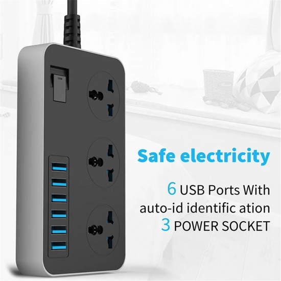 OS-T09 USB Charger Power Strips with 3*Outlets/6*USB Surge Protection Universal Socket with 2m Extension Cord Socket for iPhone Samsung Huawei OnePlus