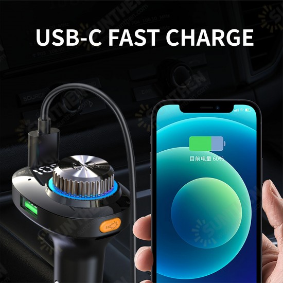 Bluetooth V5.0 FM Transmitter 20W PD+QC3.0 USB Car Charger 7Colors RGB Backlit Light LED Display Wireless Radio Adapter HiFi Music Play With Mic