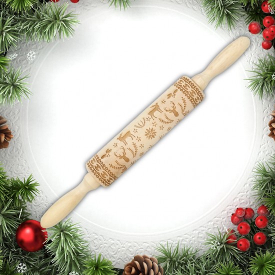JM01688 Wooden Christmas Embossed Rolling Pin Dough Stick Baking Pastry Tool New Year Christmas Decoration