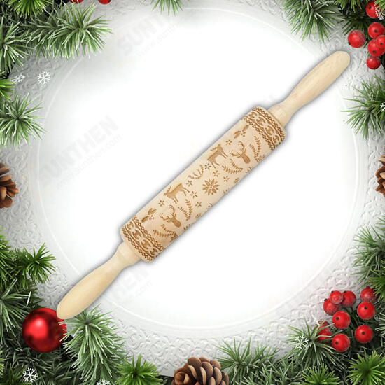 JM01688 Wooden Christmas Embossed Rolling Pin Dough Stick Baking Pastry Tool New Year Christmas Decoration