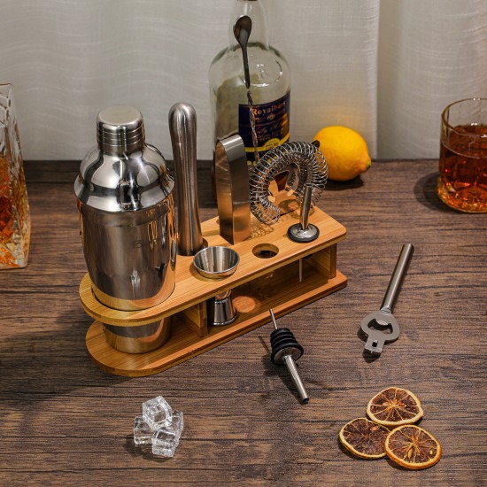 10PCS Bartender Kit with Stand Cocktail Shaker Set Bar with Stylish Bamboo Stand, Perfect Home Bar Tool Set