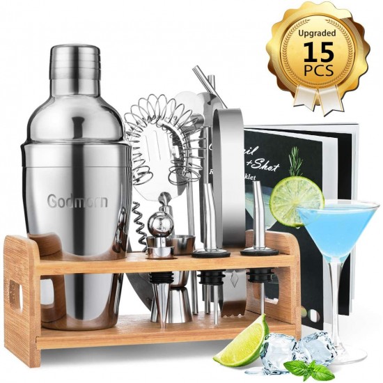 Cocktail Set Godmorn Stainless Steel Cocktail Shaker Set 14 Piece with Better Bamboo Stand