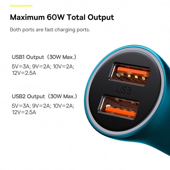60W 2-Port USB Car Charger Dual 30W QC3.0 Support AFC FCP SCP Fast Charging Metal Adapter For iPhone 13 Pro Max Xiaomi 12 Samsung