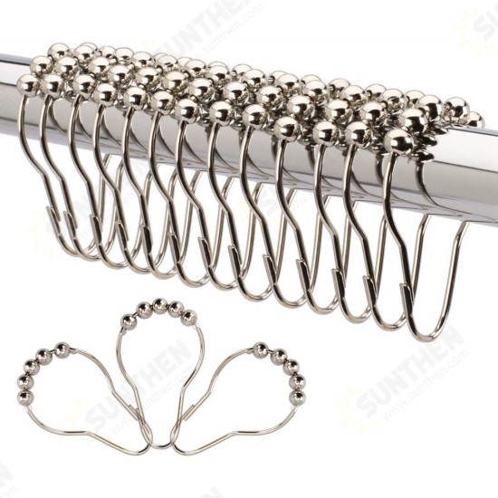 12Pcs Stainless Steel Shower Curtain Hooks Rings Rods For Bathroom