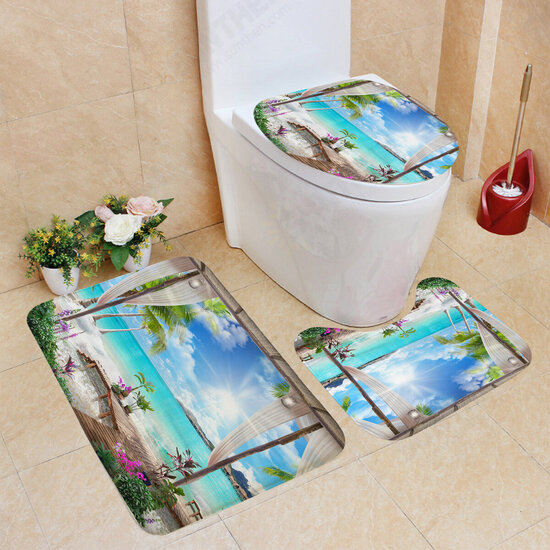 1/3Pcs Shower Curtain Set Bay Printing Toilet Cover Mat Bathroom Non-Slip Mat