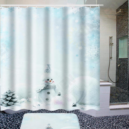 Bathroom Set Non Slip Rug Lid Toilet Cover Bathroom Mat Shower Curtain Snowman