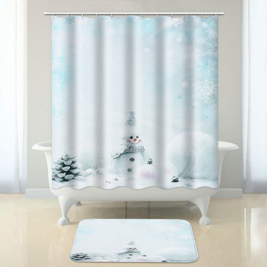 Bathroom Set Non Slip Rug Lid Toilet Cover Bathroom Mat Shower Curtain Snowman