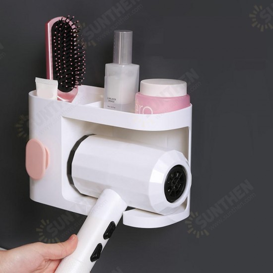 Multifunction Adhesive Hair Dryer Holder Bathroom Hair Blow Drier Holder with Hair Care Tools Storage Baskets