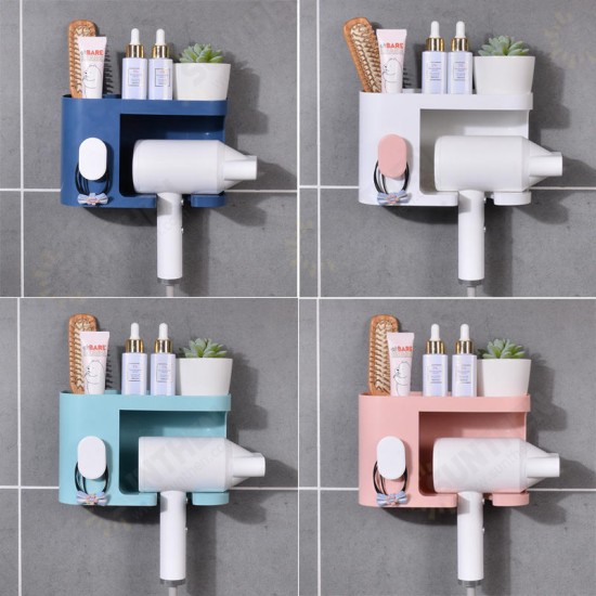 Multifunction Adhesive Hair Dryer Holder Bathroom Hair Blow Drier Holder with Hair Care Tools Storage Baskets