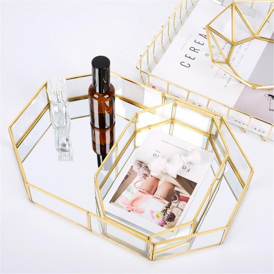 2 Size Mirror Glass Tray Octagon Cosmetic Makeup Desktop Organizer Jewelry Display Stand Holder
