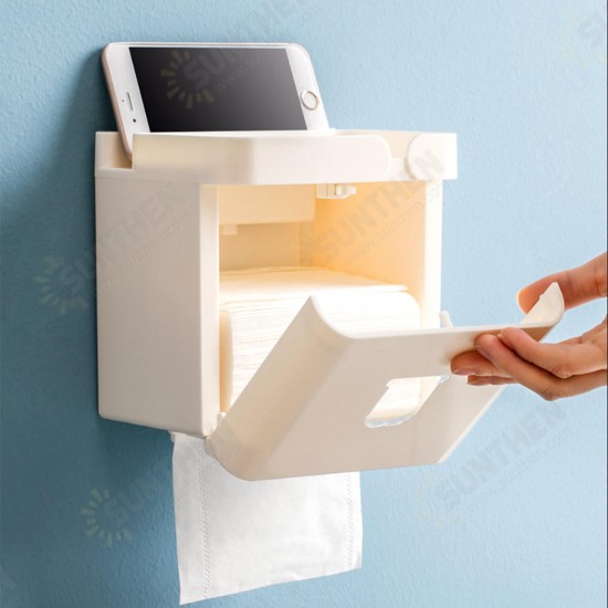 3 in 1 Waterproof Wall Mounted Bathroom Tissue Box Roll Issue Facial Tissue Dispenser Adhesive Hanging Cell Phone Holder