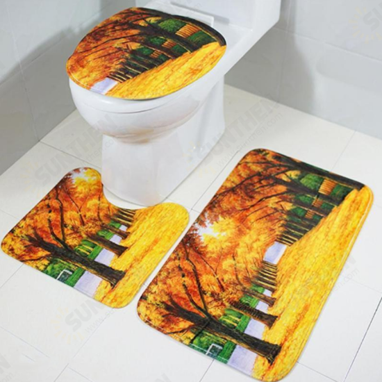 180X180CM Forest Waterproof Shower Curtain Bathroom Toilet Lid Seat Cover Bath Mat Pad Set