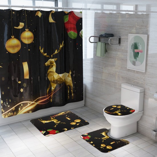 180x180 Waterproof Christmas Elk Shower Curtain Set Non-slip Bath Mat Toilet Lid Cover Floor Mat Set