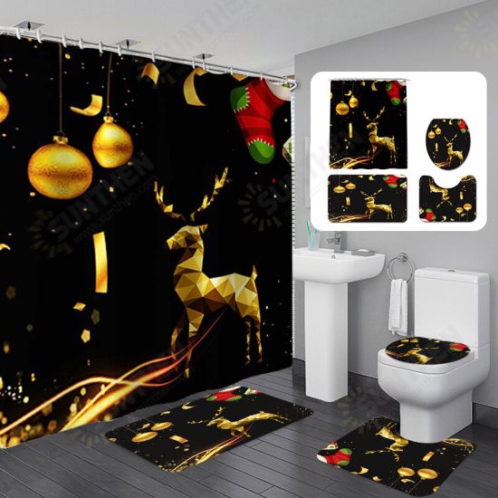 180x180 Waterproof Christmas Elk Shower Curtain Set Non-slip Bath Mat Toilet Lid Cover Floor Mat Set