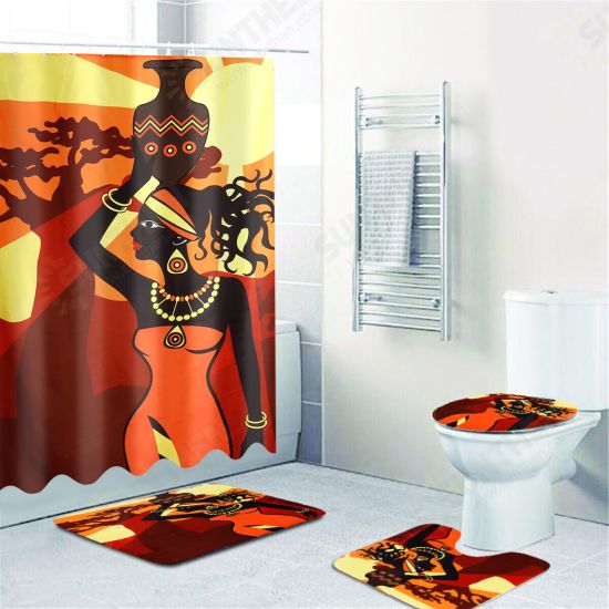 180x180CM African Women Waterproof Shower Curtain Set with Rugs Non-Slip Bathroom Mat Toilet Rug Bath Mat Set