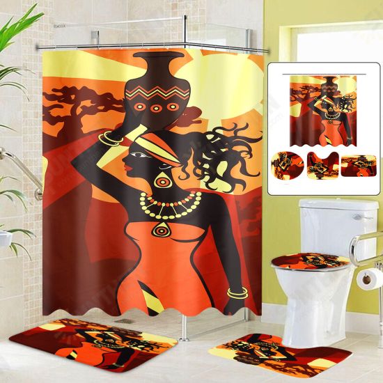 180x180CM African Women Waterproof Shower Curtain Set with Rugs Non-Slip Bathroom Mat Toilet Rug Bath Mat Set