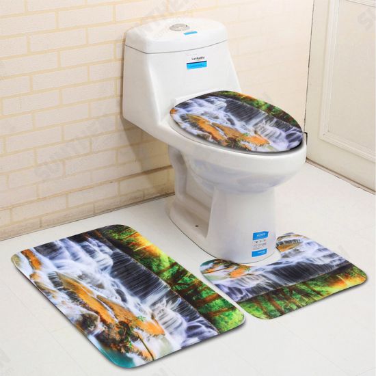 180x180CM Waterfall Printing Waterproof 3PCS Toilet Cover Mat Non-Slip Rug Set