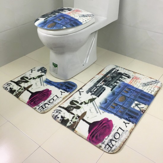 3 Sets Toilet Seat European Style Toilet Carpet Fabric Pedestal Iron Tower Printing Bathroom Mat