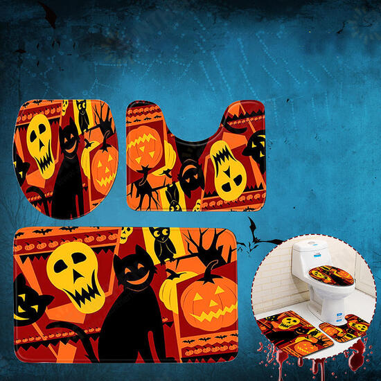 3PC Halloween Print Carpet Bathroom Non-Slip Pedestal Rug Lid Toilet Cover Bath Mat Set