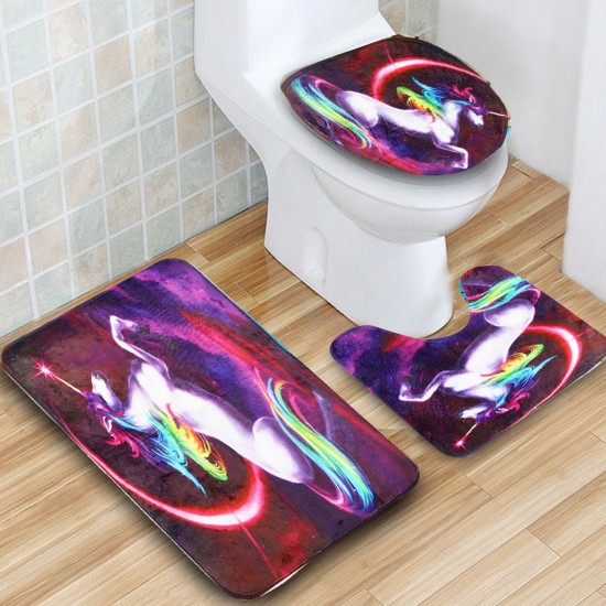 3PCS Colorful Horse Bathroom Non-Slip Pedestal Rugs Pads Lid Toilet Seat Covers Bath Mats