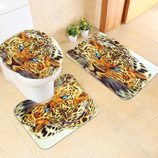 3PCS Leopard Panttern Home Bathroom Anti-slip Carpet Pad Rug Toilet Seat Covers Mat Set