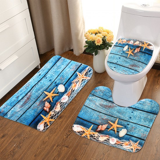 3PCS Starfish Wood No-slip Bathroom Pedestal Rug Lid Toilet Cover Bath Mat Set