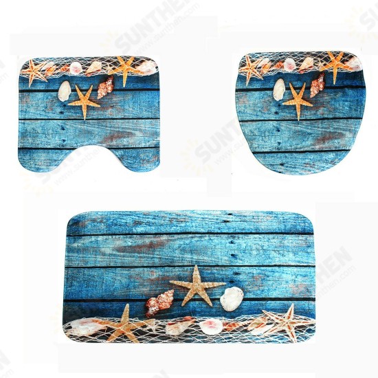 3PCS Starfish Wood No-slip Bathroom Pedestal Rug Lid Toilet Cover Bath Mat Set