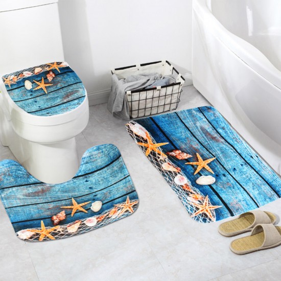 3PCS Starfish Wood No-slip Bathroom Pedestal Rug Lid Toilet Cover Bath Mat Set