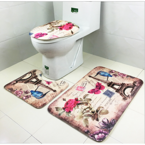 3Pcs Bathroom Eiffel Non-Slip Carpet Pedestal Rug+Lid Toilet Cover+Bath Carpet