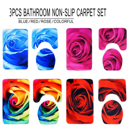 3pcs 3D Rose Bathroom Floor Mat Set Anti Slip Rug, Shower Bath Mat ,Toilet Lid Cover