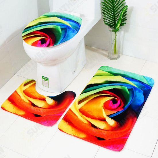 3pcs 3D Rose Bathroom Floor Mat Set Anti Slip Rug, Shower Bath Mat ,Toilet Lid Cover