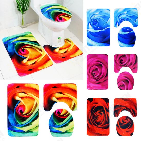 3pcs 3D Rose Bathroom Floor Mat Set Anti Slip Rug, Shower Bath Mat ,Toilet Lid Cover