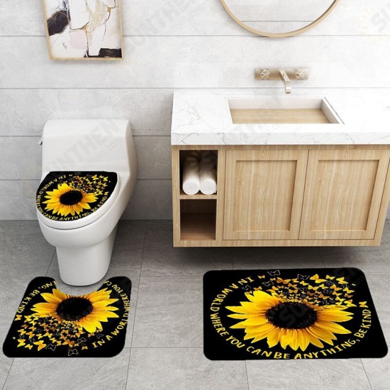 4PCS Sunflower Printing Waterproof Shwoer Curtain Set Anti-slip Dustproof Bath Toilet Seat Cover Lid Floor Mat Set