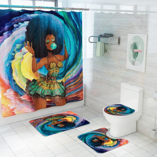 African American Black Women Waterproof Shower Curtain Set with Rugs Non-Slip Bathroom Mat Toilet Rug Bath Mat Set