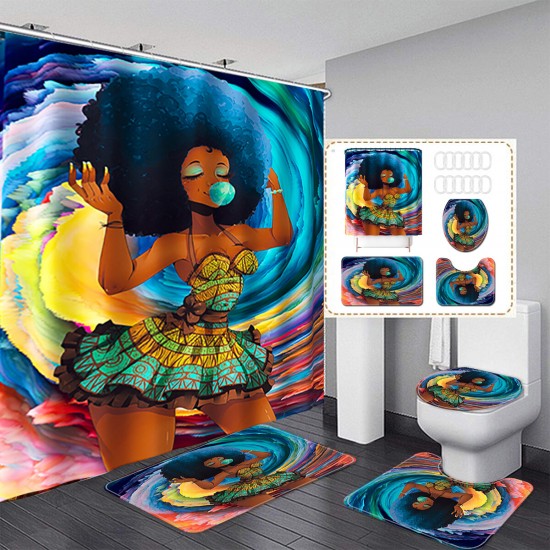African American Black Women Waterproof Shower Curtain Set with Rugs Non-Slip Bathroom Mat Toilet Rug Bath Mat Set