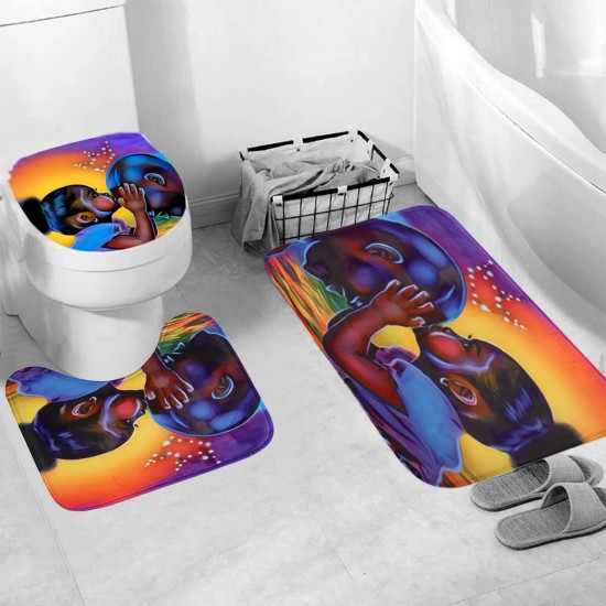 African Girl Bathroom Shower Curtain Pedestal Rug Lid Toilet Cover Bath Mat Set Decor