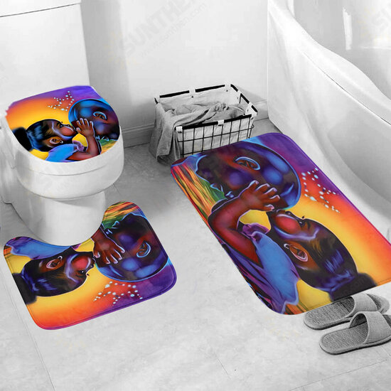 African Girl Bathroom Shower Curtain Pedestal Rug Lid Toilet Cover Bath Mat Set Decor