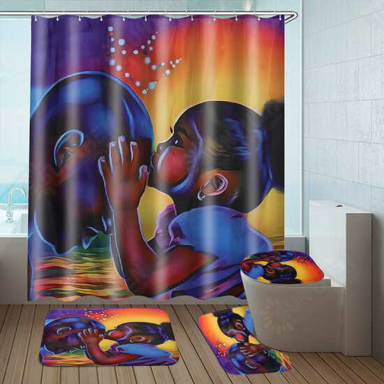 African Girl Bathroom Shower Curtain Pedestal Rug Lid Toilet Cover Bath Mat Set Decor