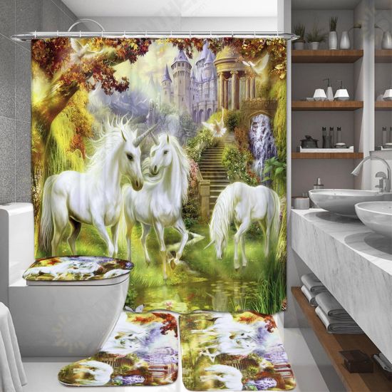 Bathroom Non-Slip Toilet Lid Seat Cover Bath Mat Pedestal Rug Shower Curtain Set