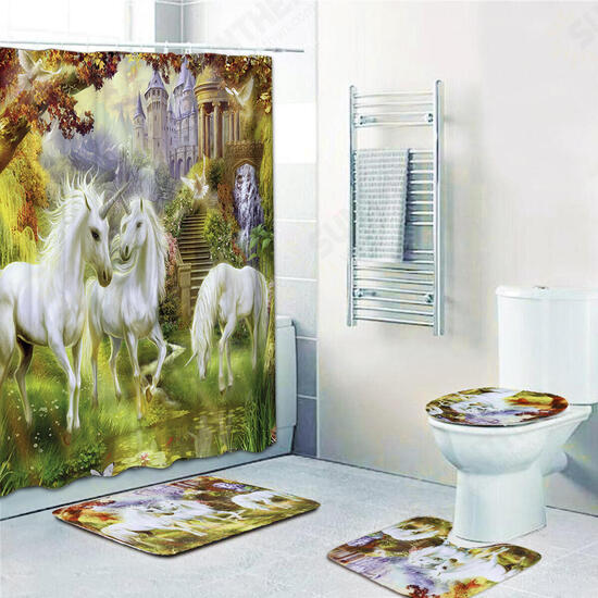 Bathroom Non-Slip Toilet Lid Seat Cover Bath Mat Pedestal Rug Shower Curtain Set