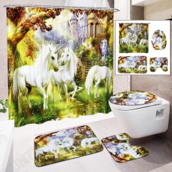 Bathroom Non-Slip Toilet Lid Seat Cover Bath Mat Pedestal Rug Shower Curtain Set