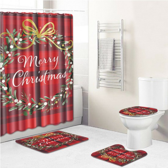 Bathroom Shower Curtain Pedestal Rug Lid Toilet Cover Christmas Bath Mat Decor